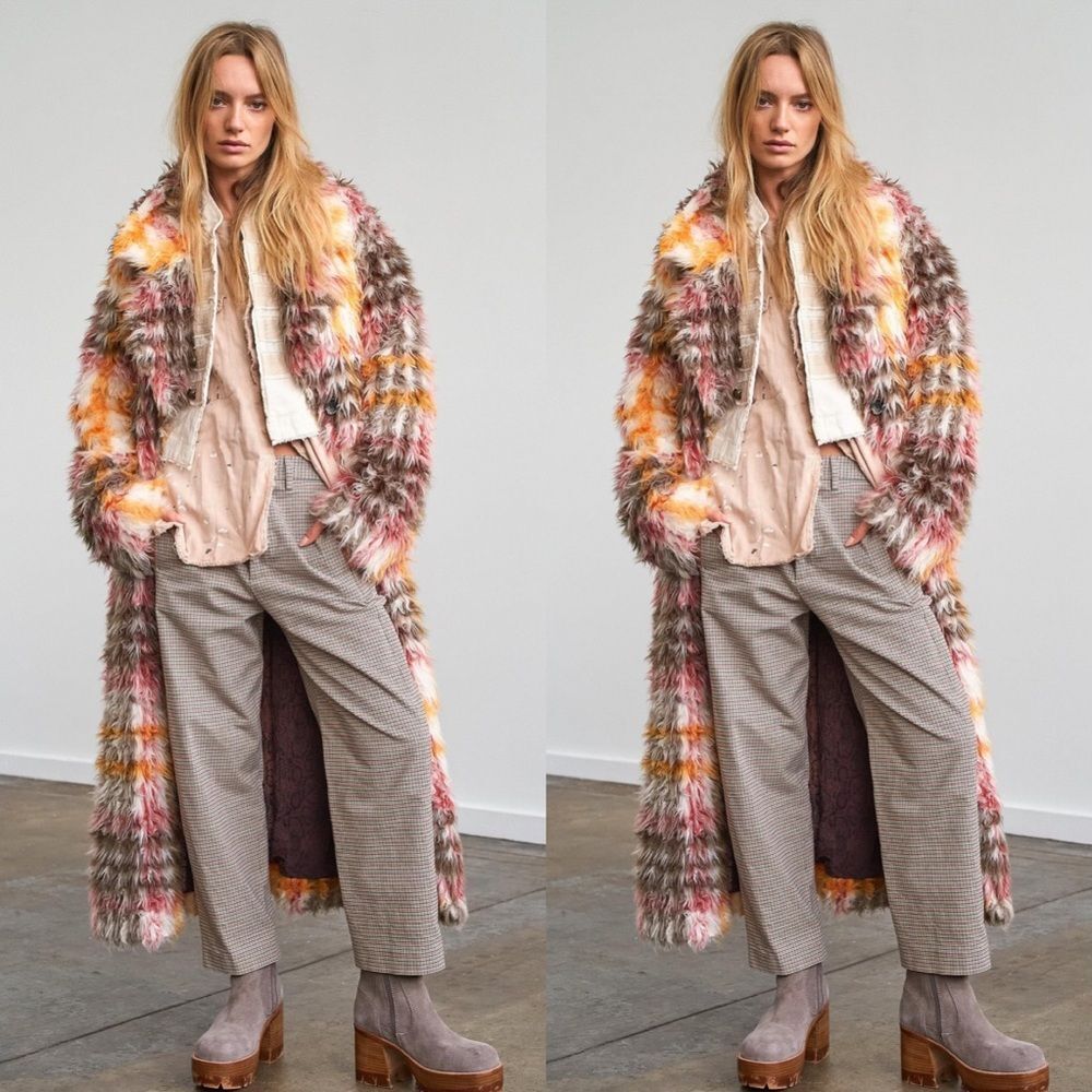 Free People Cardi Plaid Faux Fur Coat